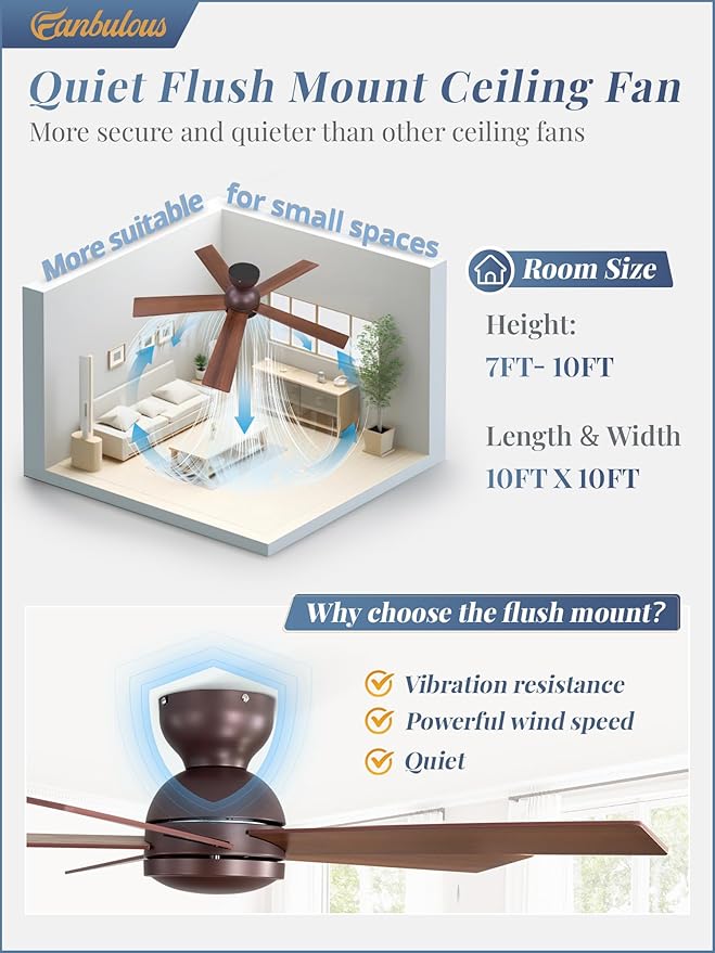 42 Inch Low Profile Ceiling Fan no Lights, Brown Farmhouse Ceiling Fan with Remote, 6-Speeds, Quiet Reversible DC Motor, Indoor/Outdoor Ceiling Fans with Remote for Bedroom, Patio, Living Room