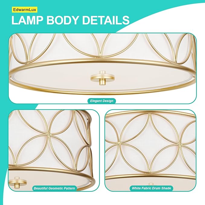 3-Light Semi Flush Mount Ceiling Light, 16" Drum Light with Fabric Shade, Modern Close to Ceiling Lamp for Living Room Bedroom Dining Room Kitchen Hallway Entry Foyer (Gold)