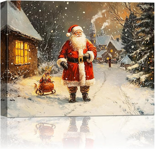 Vintage Santa Claus Christmas Canvas Wall Art - Festive Holiday Painting for Living Room,Bedroom & Bathroom, Cozy Winter Decor Framed Print, Perfect Christmas Gifts & Home Decoration