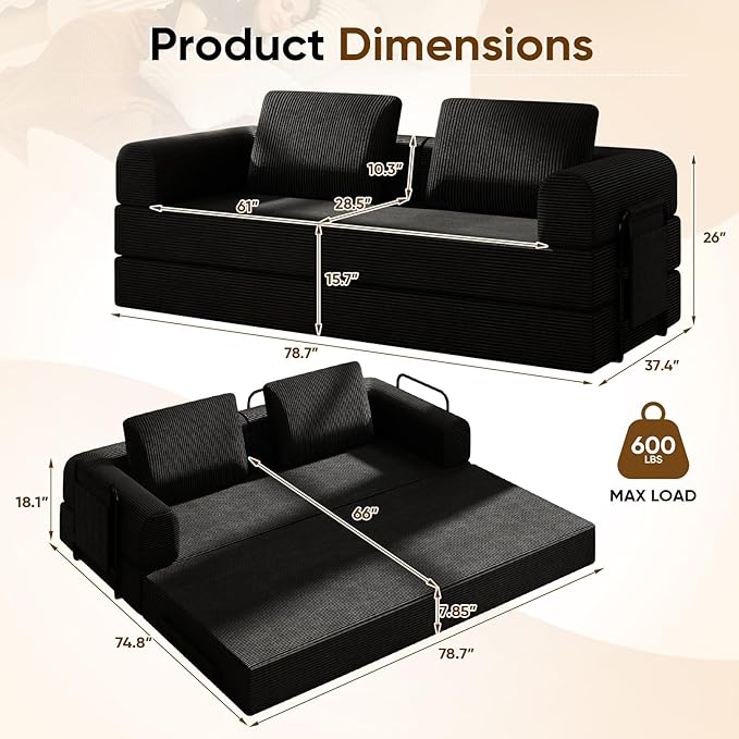 Antetek Convertible Sofa Bed, Comfy Corduroy Fluffy Love seat Sleeper Sofa, 5 in 1 Folding Couch Bed, Fold Out Floor Couch with Pillows for Bedroom, Living Room, Office, Pinstripe, Black