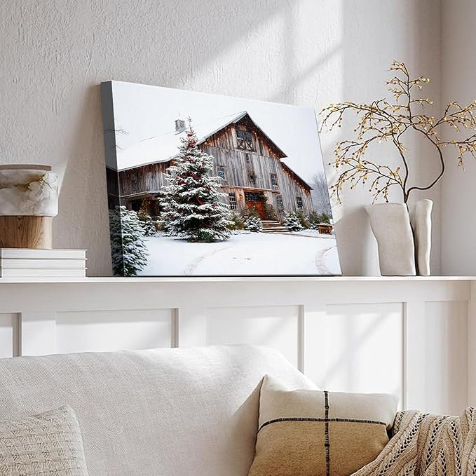 Rustic White Barn & Christmas Tree Winter Landscape Canvas Wall Art - Farmhouse Christmas Framed Canvas Prints, Rustic Christmas Wall Decor for Living Room, Cozy Christmas Gifts & Festive Decorations