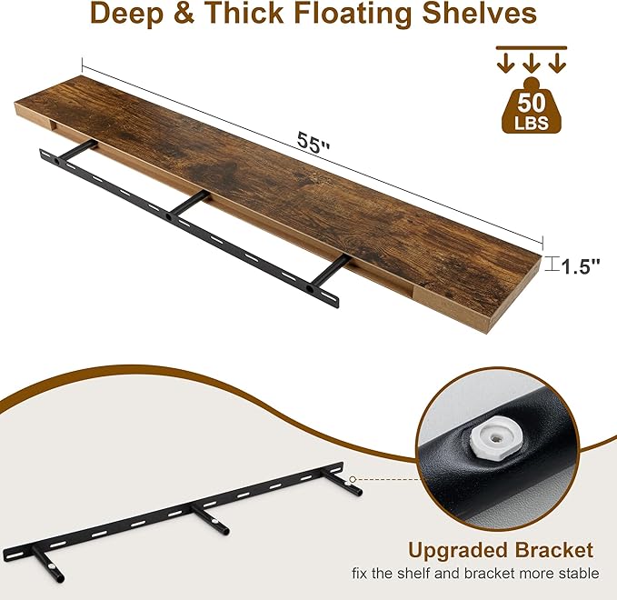 Fun Memories Floating Shelves for Wall, 55Inch Floating Shelves Set of 2, Hanging Shelf with Invisible Brackets, Wood Shelves for Living Room, Bedroom, Kitchen, Brown