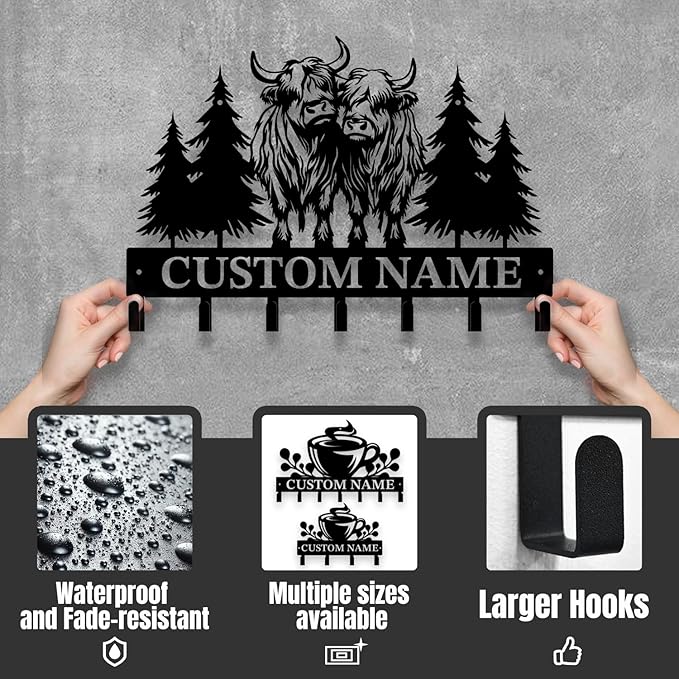 Personalized Highland Cow Metal Keys Hooks,Custom Name Metal Highland Cow Keys Hooks,Black Metal Highland Cow Wall Home Storage Decorative Keys Hooks,Key Holder Hooks for Wall (Style I)