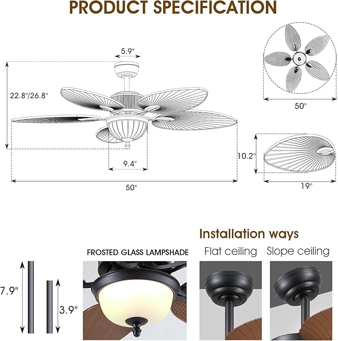 50 Inch Tropical Ceiling Fans with Lights and Remote/APP Control, Outdoor Waterproof Palm Leaf Ceiling Fan for Patios Porches, Wet Rated, Glass Lampshade, 6 Speeds, Quiet, Brown