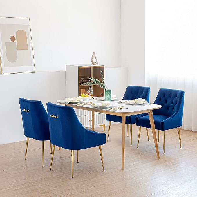 Modern Dining Chairs Set of 6, Mid Century Chairs with 5.12” Cushions and Golden Legs, Velvet Upholstered Dining Chairs with Back Pull Rod, for Kitchen, Living Room (Blue)
