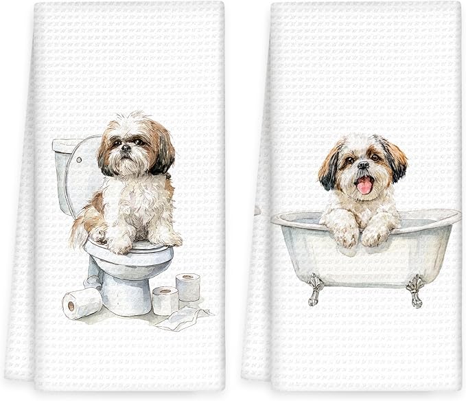 Funny Shih Tzu Dog Hand Towels Set of 2, Gifts for Shih Tzu Dog Owners Lovers, Cute Puppy Pet Decor for Bathroom, Funny Pet Lovers Gifts Toilet Hand Towels for Bathroom Washroom, 16x24In
