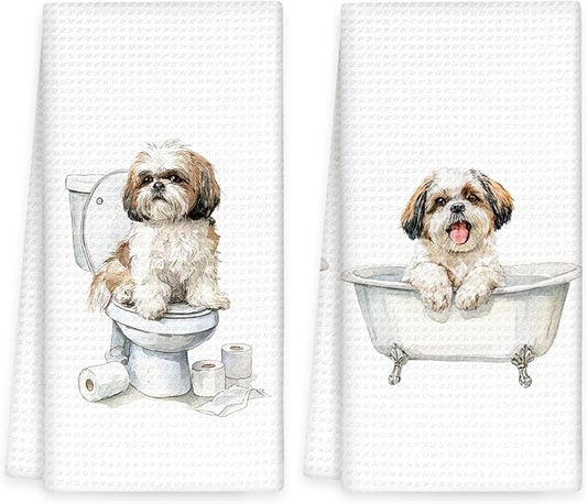 Funny Shih Tzu Dog Hand Towels Set of 2, Gifts for Shih Tzu Dog Owners Lovers, Cute Puppy Pet Decor for Bathroom, Funny Pet Lovers Gifts Toilet Hand Towels for Bathroom Washroom, 16x24In