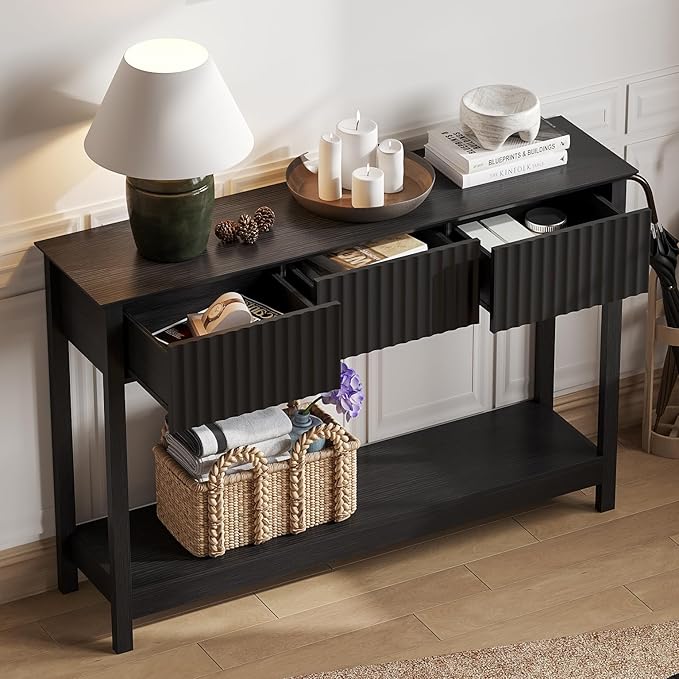 Treocho 47" Fluted Console Table with 3 Drawers, Narrow Long Entryway Table with Storage and Shelf, 2-Tier Sofa Table Behind Couch Accent Tables for Entrance Foyer, Hallway, Living Room, Black