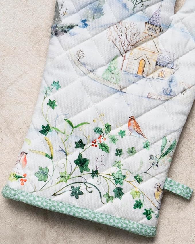 Maison d' Hermine 100% Cotton Oven Mitt & Pot Holder Set (7.5"x13" & 8"x8") Heat Resistant BBQ Cooking Gloves with Loop for Thanksgiving Christmas Decorations Handling Hot Pans (Snowy World)