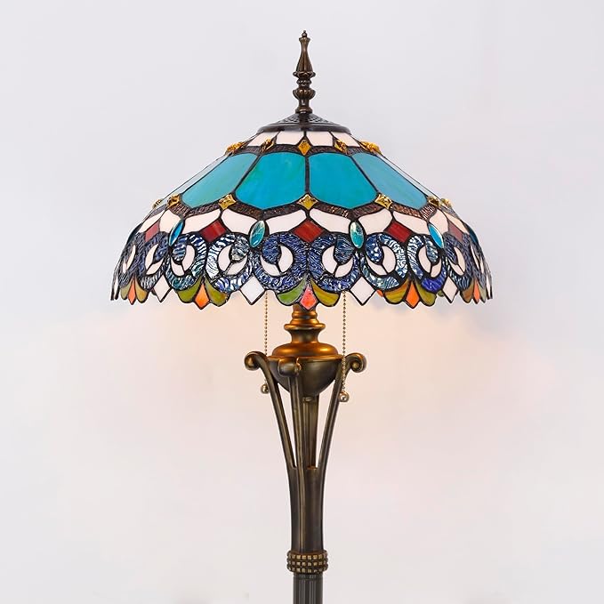 Tiffany Floor Lamp Blue Stained Glass Jewelry Baroque Standing Reading Light 16X16X70 Inches Antique Pole Corner Lamp Decor Bedroom Office Living Room
