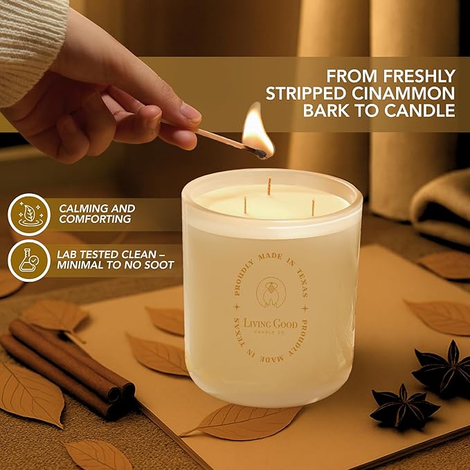 Fall Fresh Cinnamon Bark Essential Oil - Warm & Spicy Pure Beeswax Candle - 90+ Hours Long Burning - Non-Toxic Scented Candles for Autum Home Decor & Aromatherapy for Anxiety Relief - Natural - 15 OZ