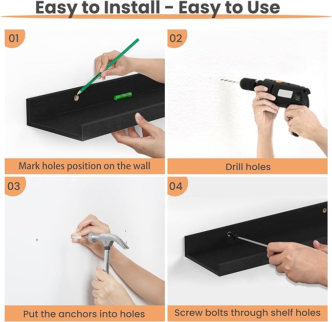 upsimples Floating Shelves for Wall, 47.3 Inch Shelves for Decor Storage Set of 6, Wall Mounted Wood Shelf for Bedroom, Living Room, Bathroom, Kitchen, Long Picture Ledge Shelves, Black