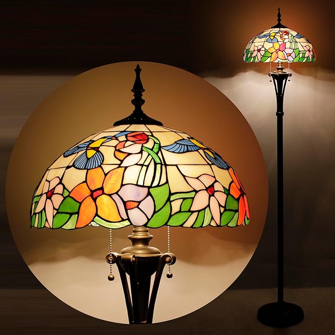 Tiffany Floor Lamp Amber Hummingbird Stained Glass Standing Reading Light 16X16X70 Inches Antique Pole Corner Lamp Decor Bedroom Office Living Room