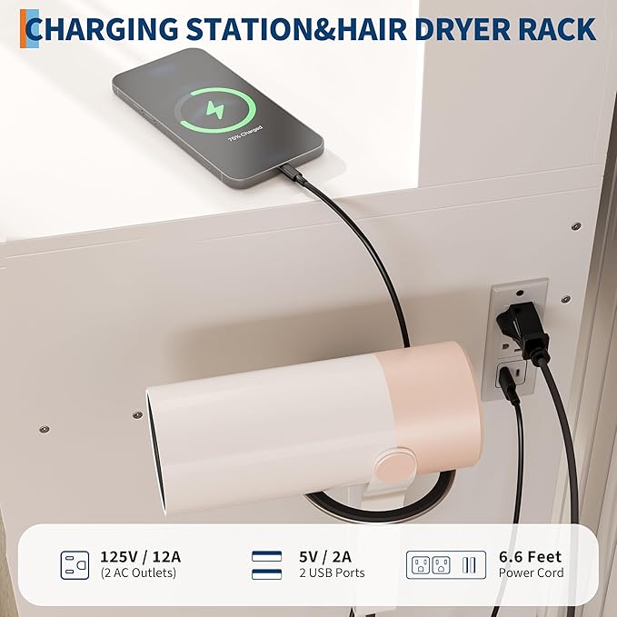 GarveeHome Vanity Desk with Mirror and Lights, 3 Color Modes Makeup Vanity with Cushioned Stool, 2 Drawers & Charging Station, Modern Dressing Table for Bedroom, Makeup Studio, White