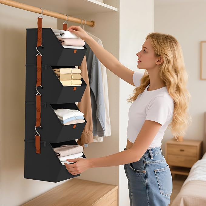 Hanging Closet Organizer 4 Tier - Clothes Hanging Shelves, Space-Saving Closet System, Fabric Storage Bins Bedroom Organization, Collapsible Baskets for Home, Dorm, Rv, Black