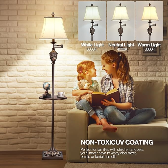 Traditional LED Floor Lamp with 350° Adjustable Swing Arm Lamp – Vintage Standing Pole lamp for Living Room, Bedroom and Office – Rustic Upright Floor Light for Home Décor with Silk Fabric Shade