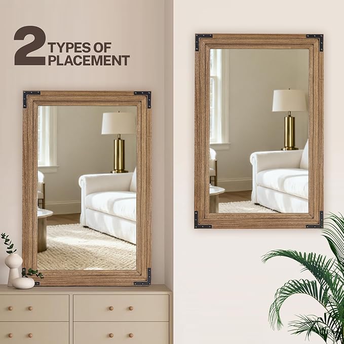 Full Length Mirror 36"x24" Solid Wood Frame Floor Standing Mirror, Hanging or Leaning Wall-Mounted for Living Room, Bedroom, Oak Color