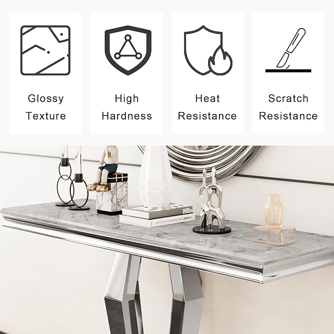 Asday Silver Console Table, Mirrored Sofa Table with Geometric Steel Base, Modern Silver Narrow Rectangular Console Table for Entryway, Living Room, Office, Coffee Bar, Front Hall