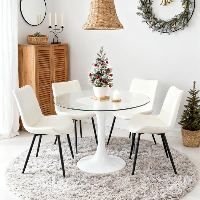 Brage Living Dining Chairs Set of 2, PU Leather Modern Armless Kitchen Dining Room Chairs, Upholstered Accent Side Chairs with Metal Legs (Pearl White)