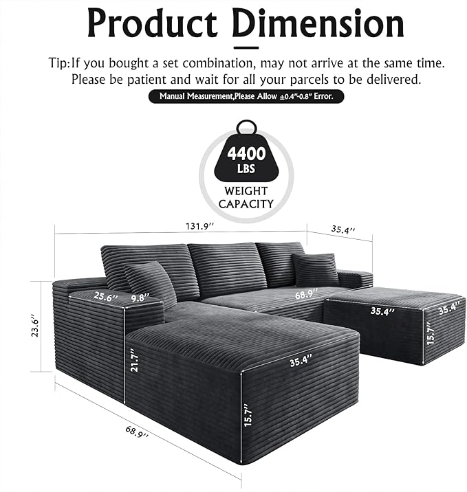 3-Piece Boneless Modular Sectional Sofa, Cloud Couch, Left Facing Chaise with Ottoman, Oversized Deep Seat, Soft Corduroy Fabric, Sectional Couch for Living Room-Grey