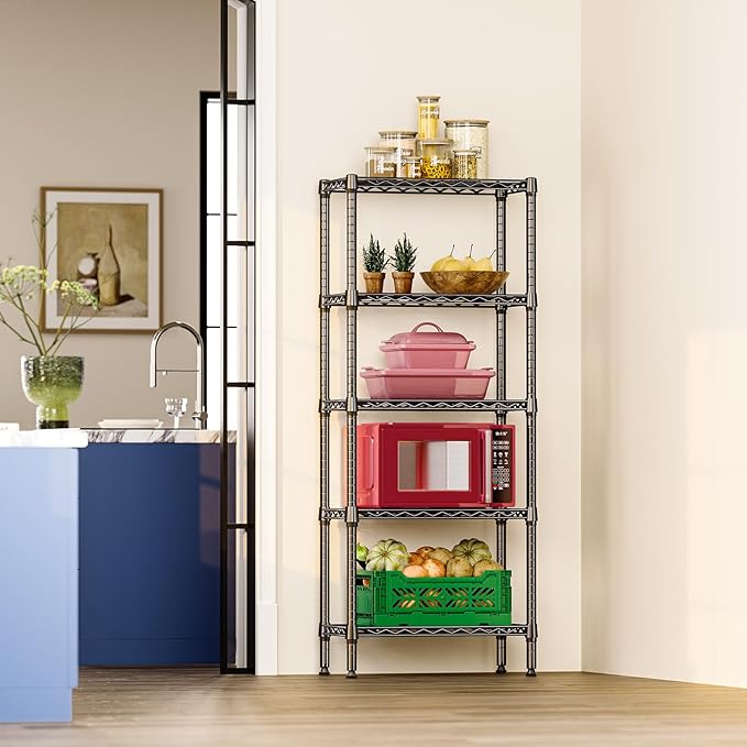 IZEUK 5 Tier Steel Storage Shelves, Heavy Duty Metal Shelf Wire Shelving Rack for Pantry, Kitchen, Living Room, or Office Organization (11.8" D x 23.6" W x 59.5" H, 1250LBS, Black)