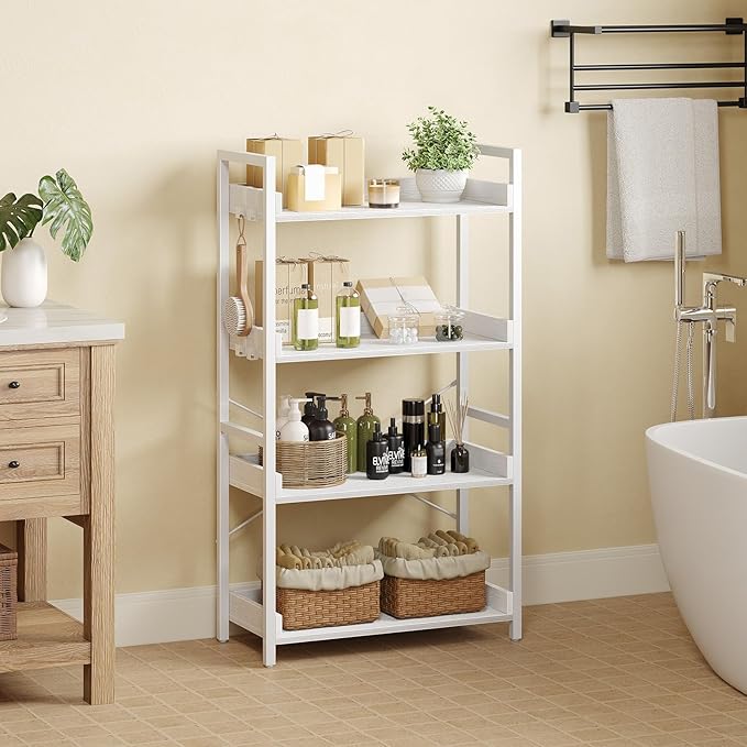 Rolanstar Bookshelf 4 Tier with 4 Hooks, Industrial Wood Bookcase, Vintage Storage Rack with Open Shelves, Rustic Standing Bookshelves Metal Frame Display Rack for Living Room, Bedroom, White