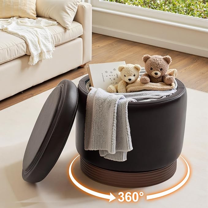 Round Ottoman with Storage,Swivel Vanity Stool-Leather Foot Rest,Upholstered Footstool Pouf with Sturdy Wooden Frame(500 Lb),Small Coffee Table & Hidden Storage Ottoman for Living Room