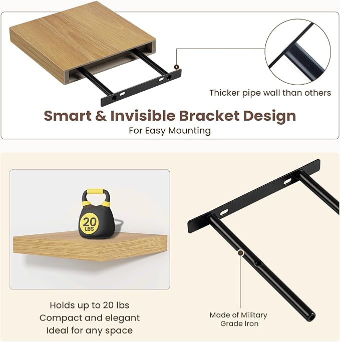 Fun Memories Floating Shelves for Wall - 7.5 Inch Square Shelves with Invisible Brackets, Oak Small Wall Shelf for Living Room, Bathroom, Bedroom, and Kitchen Decor，Set of 4