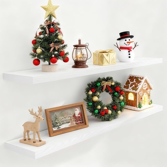 Fun Memories 55 Inch Floating Shelves for Wall Set of 2, 55x9.3 Large Floating Shelf for Bedroom, Kitchen, Bathroom, Wall Mounted Rustic Wood Shelves with Invisible Bracket for Books, Decor, White