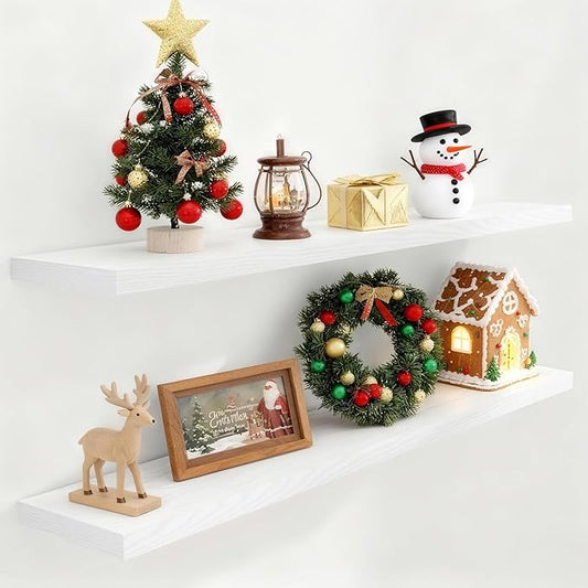 Fun Memories 55 Inch Floating Shelves for Wall Set of 2, 55x9.3 Large Floating Shelf for Bedroom, Kitchen, Bathroom, Wall Mounted Rustic Wood Shelves with Invisible Bracket for Books, Decor, White