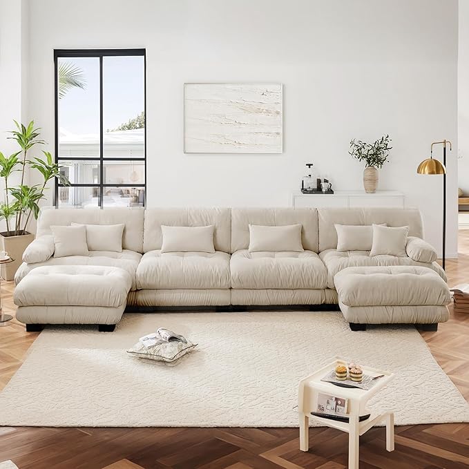 173.2" Oversized Couch, 4 Seater Modular Sectional Sofa, Beige Large U Shaped Sectional Fluffy Couch Set, Chenille Cloud Couches with Ottoman, Deep Seat Sofas for Living Room