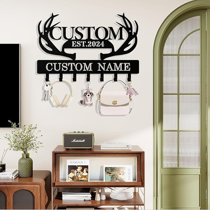 Personalized Deer Antler Key Holder Wall Mount, Custom Metal Keys Hanger for Wall with Name, Custom Key Rack Holder with Hooks for Entryway, Front Door, Hallway, Living Room, Kitchen