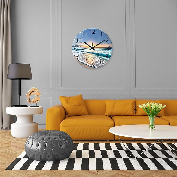 Blue Beach Wall Clock for Kitchen 14 Inch Round Coastal Clocks for Walls Analog Glass Wall Clock Non Ticking