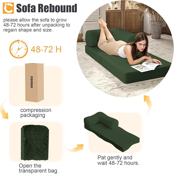 COMAX Folding Sofa Bed, Fold Out Chair Bed, Foldable Sofa, Convertible Sleeper for Adults, Futon Chair Single Small Floor Couch for Spaces, Bedroom Living Room Guest Room, Green