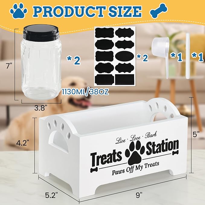 Dog Treat Container Dog Food Container for Dog Food Storage, Farmhouse Cat Food Container Pet Food Storage Organizer, Wood Dog Treat Holder with 2 Plastic Cat Dog Treat Jars, White Cat Treat Container