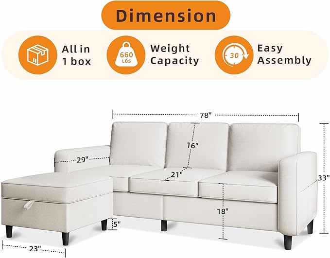 Sectional Sofa Couches for Living Room, 78'' Beige 3 Seater L-Shaped Couch with Storage Ottoman, Comfy Linen Convertible Sectionals Sofas with Chaise for Apartment, Office, Small Space