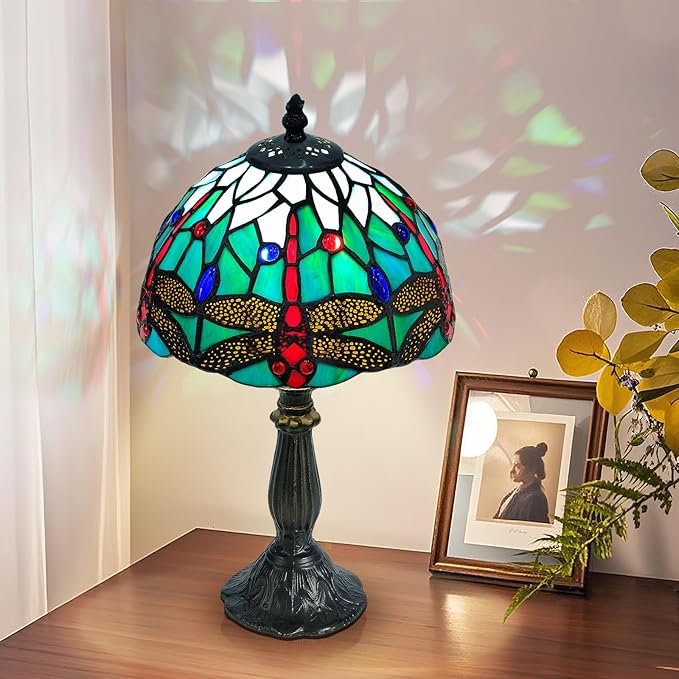 Exquisite Dragonfly Tiffany Style Table Lamp,Handcrafted Stained Glass Lamps for Bedroom, Living Room Decor,8-Inch Small Tiffany Lamp with LED Bulb.