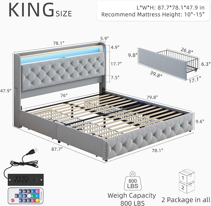 BRELTAM King Size Bed Frame with 4 Storaged Drawers,Upholstered Velvet Tufed Bed Frame with LED Light and Charging Station,Platform Bed Frame with Headboard Heavy Duty Wood Slats,Bluish Grey