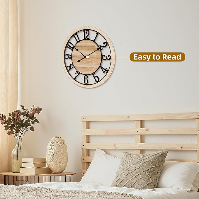 Maxstar 24'' Wall Clock for Living Room Decor, Ultra-Silent Rustic Wooden Farmhouse Wall Clock with Metal & Real Wood Frame, Battery Operated, for Kitchen Bedroom Office, Arabic Numerals