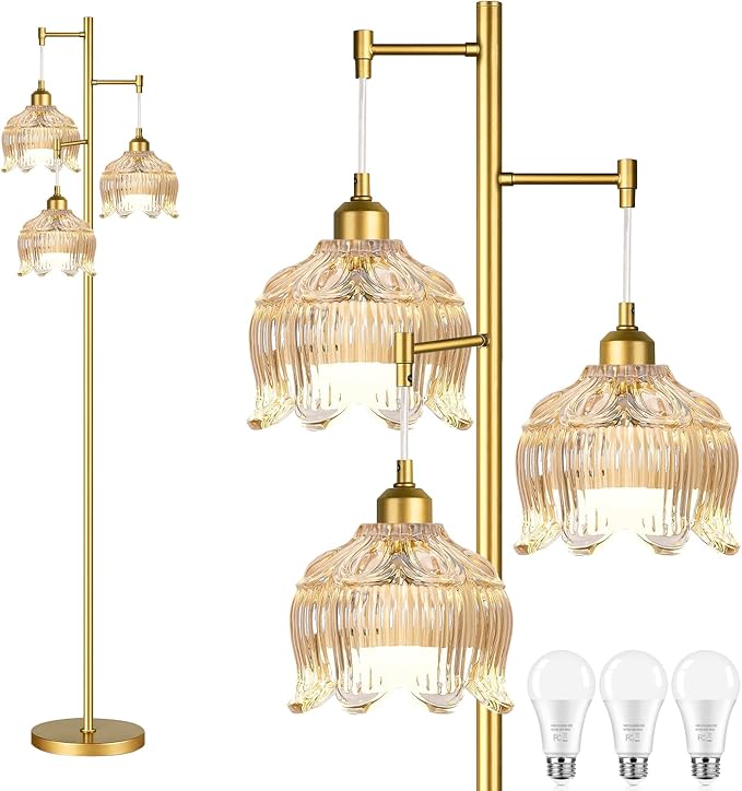 Gold Floor Lamps for Living Room Bedroom-3 Light Glass Floor Lamp with Three Led Bulb,Mid Century Standing Lamp Vintage Brass Tall Lamp Tree Floor Lamp for Bedroom Corner