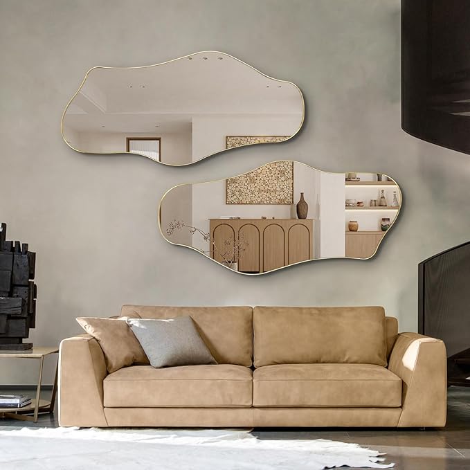 Large Irregular Mirror, Gold Asymmetrical Mirrors, 55"x25.6" Abstract Full Length Mirrors with Metal Frame, Cloud Shaped Mirror for Living Room Bathroom Bedroom Hallway Entryway Fireplace