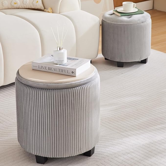 Big Round Ottoman with Storage Set of 2,Upholstered Velvet Vanity Stool for MakeupMultifunctional Foot Rest Coffee Table Padded Seat Tufted Ottomans for LivingRoom&Bedroom(Grey)
