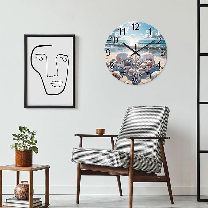 XNM 16 Inch Large Wall Clocks Battery Operated Coastal Shell Glass Clocks for Living Room Decor Blue Silent Wall Clock No Ticking