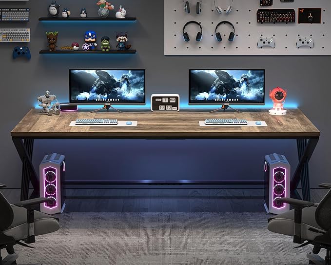 FOLUBAN 70.9" Computer Desk with Z-Shaped Legs, Industrial Work Executive Home Office Desk, Large 2 Person Gaming Study Desk Writing Table, Oak