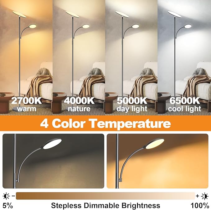 Gray Floor Lamps for Living Room, 44W/4500LM Super Bright 2 in 1 LED Floor Lamp with Remote, Stepless Dimmable, 69" Tall Standing Floor Lamp with Bendable Reading Light for Bedroom Office
