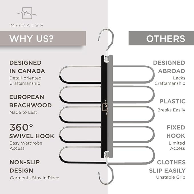 MORALVE Pants Hangers Space Saving - European Beechwood Scarf and Jean Hangers - Closet Organizer and Space Saver Pant Rack, Leggings Hanger, and Scarf Holder with 360° Swivel Hook (1 Pack)