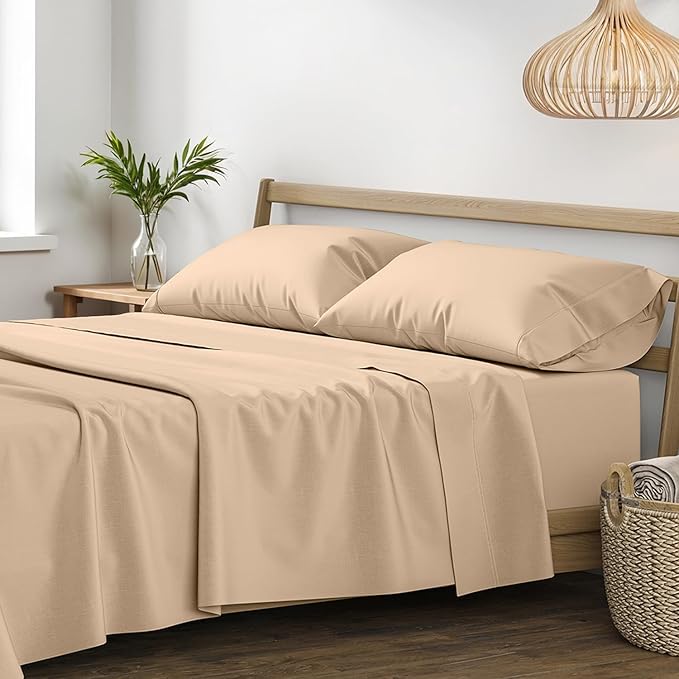 XOOX Linen 100% Egyptian Cotton Sheets Queen Size - 1200 Thread Count 4 PC Queen Sheet Set Egyptian Cotton, Sateen Weave Luxury Sheet, High Thread Count Sheets, Fits Upto 19" Deep Pocket - Taupe