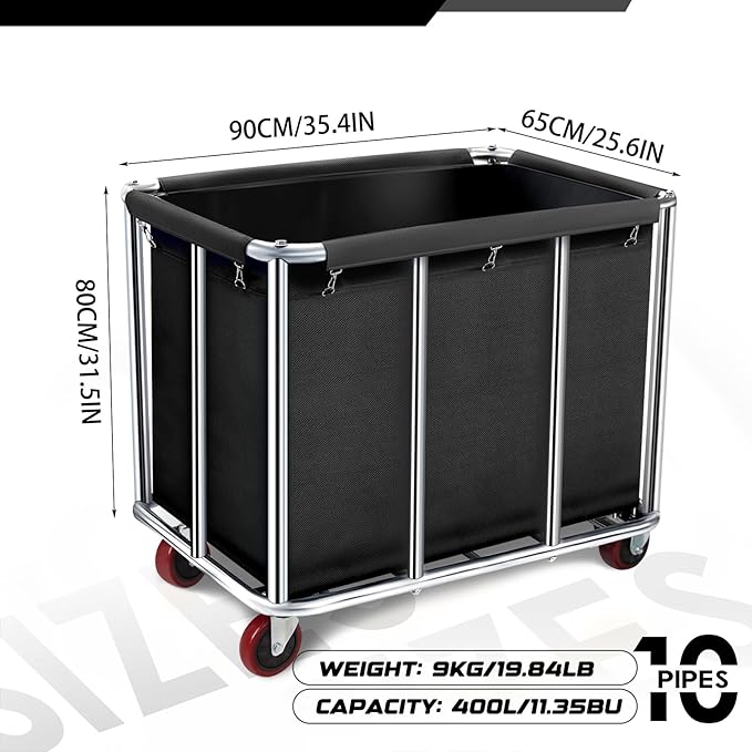 Commercial Laundry Cart on Wheels, 11.35 Bushels Large Roller with Removable Waterproof Canvas Lined Basket, Heavy Duty Stainless Steel for Hotels and Hospitals