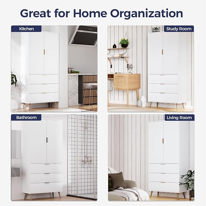 Tall Storage Cabinet, Kitchen Pantry Cabinet with Adjustable Shelves & Fluted Panel Design, Wood Cupboard with 3 Drawers 2 Doors, Tall Home Cupboard for Living Room, Kitchen, White