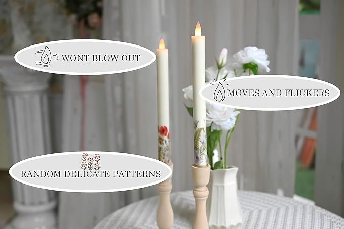 Flameless Taper Candles Flickering with Remote and Timer, 3D Moving Flame Taper Candle Battery Operated to 400 Hours, 9 Inch Window Candles, (Wild Flower)